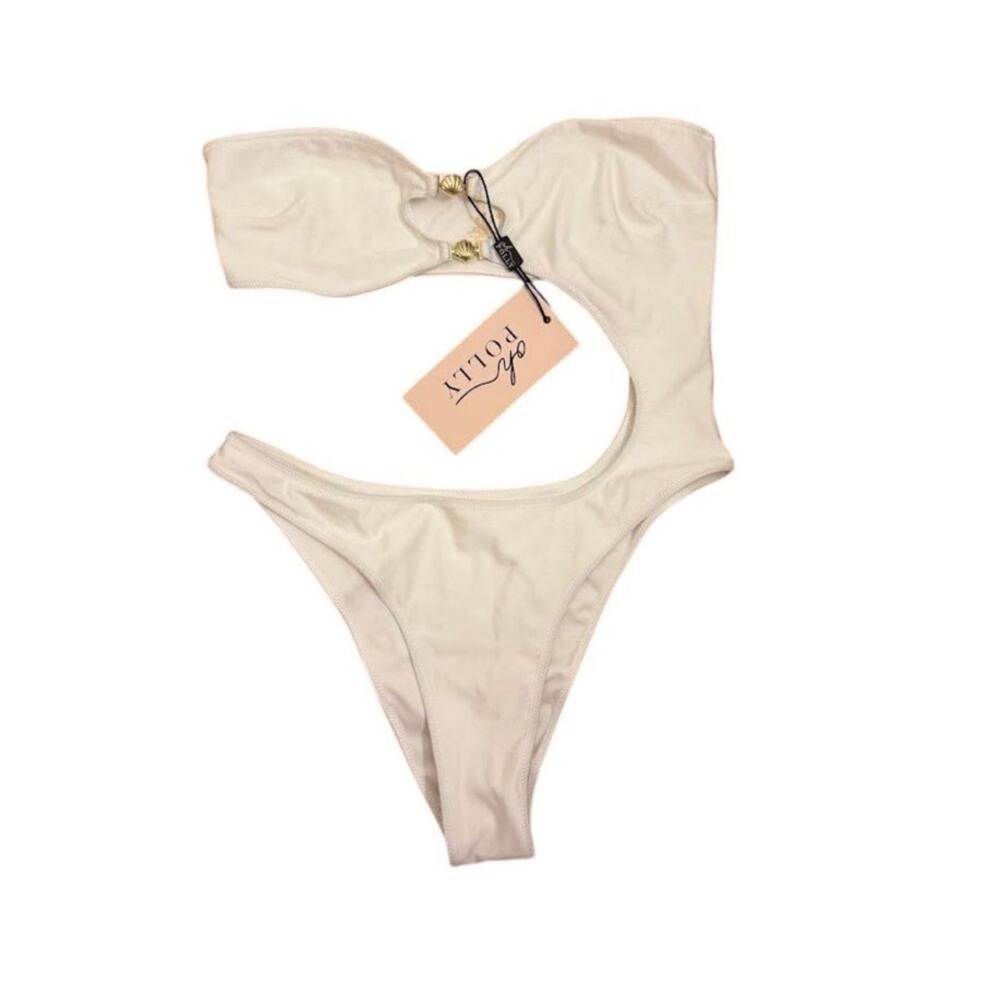 Oh Polly Cream and White Bikini Set with High-Waisted Bottom